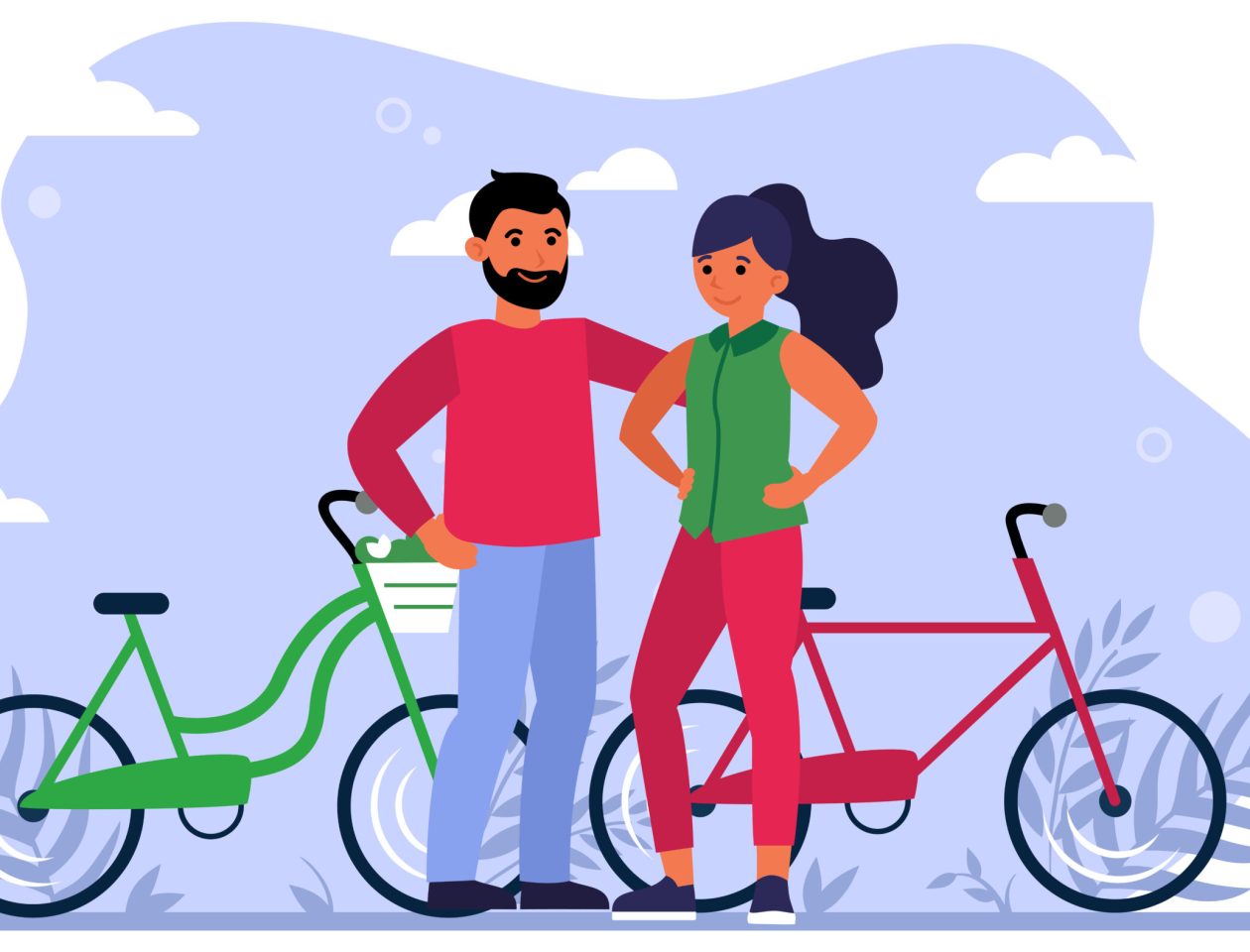 Happy couple dating outdoors. Riding bikes, standing, hugging flat vector illustration. Active lifestyle, love, romance concept for banner, website design or landing web page